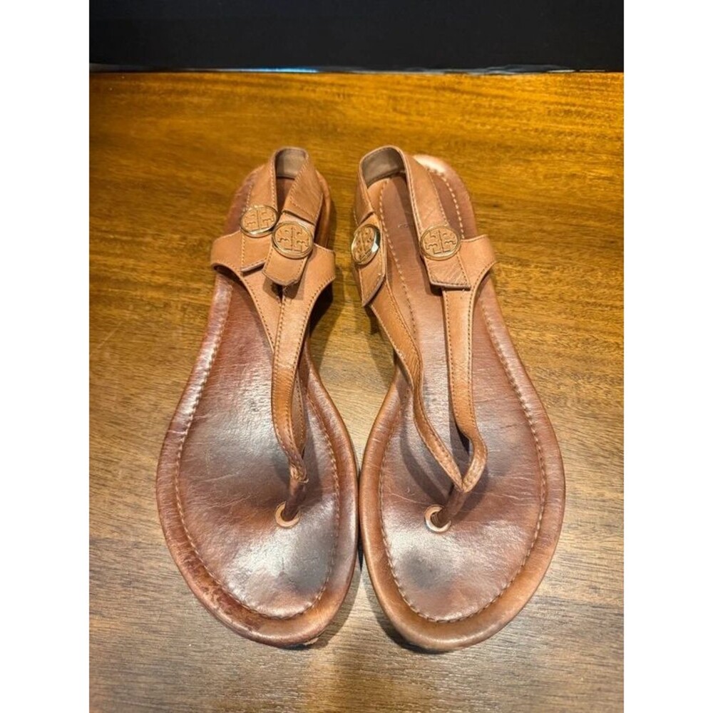 Tory Burch Emmy Tan Leather Flat Thong Sandals Double T Medallion Slingback